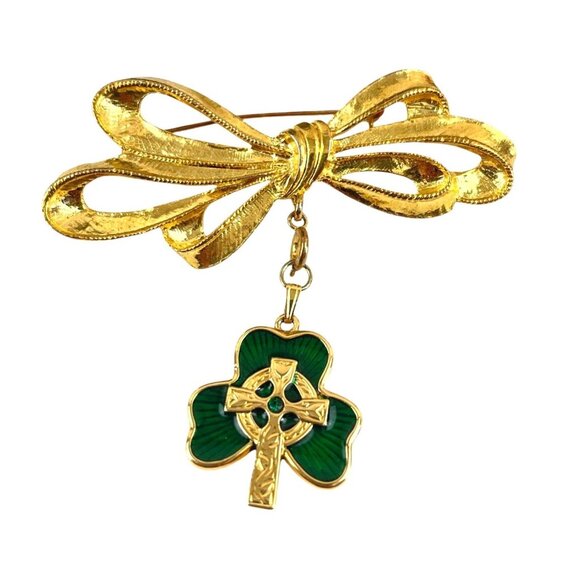 Phister Gold-Tone Bow Brooch With Dangling Green Enamel Clover Celtic Cross Char - Picture 2 of 8